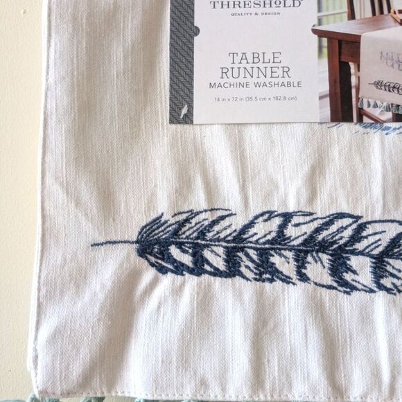 Threshold Table Runner Feathers Fringe Blue White - Picture 2 of 3